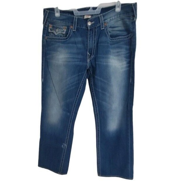 True Religion blue Jeans Distress 38 Ricky Super T Patch Embroider Made USA $135 - Picture 1 of 15